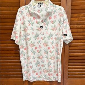 Bad Birdie Men's Floral Cactus Polo Shirt - White and Pink